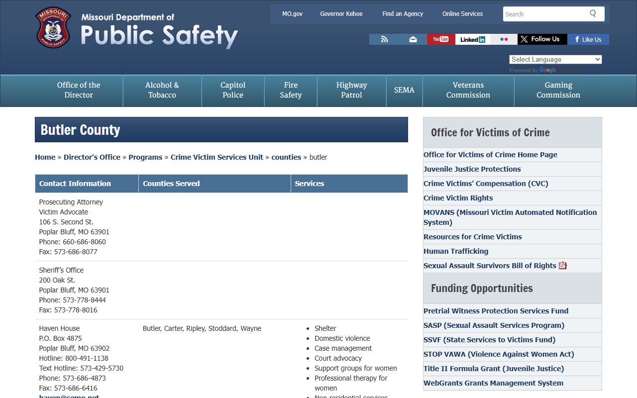 Butler County criminal court records Missouri DPS victim services directory