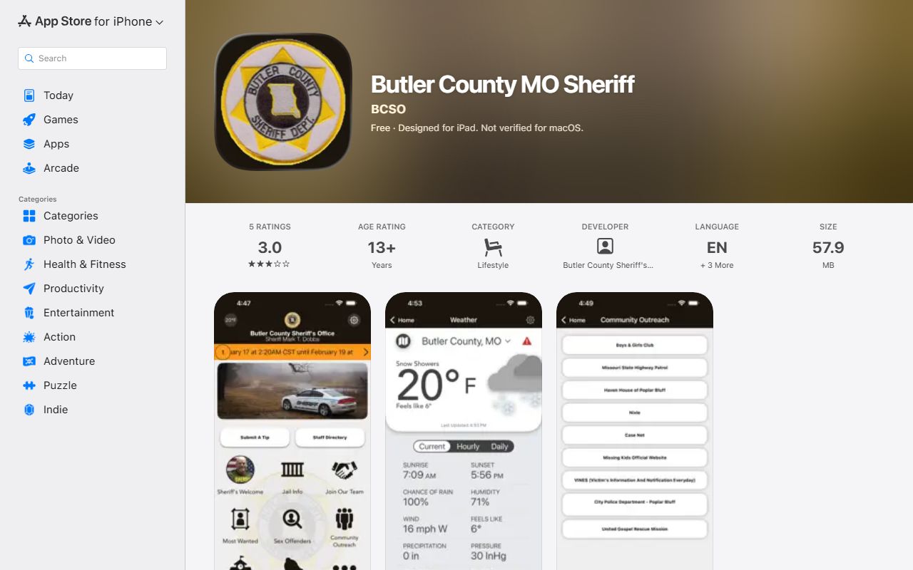 Butler County warrant records sheriff iOS app listing